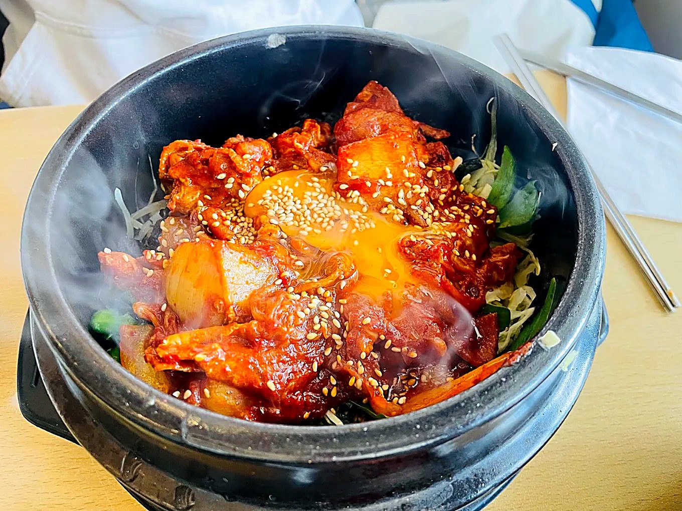 Steaming stone bowl spicy pork dolsot